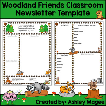 Preview of Woodland Forest Animal Friends Editable Classroom Teacher Newsletter Template