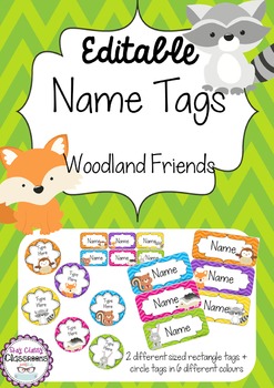 Preview of Woodland Friends Editable Name Tags / Desk Plates - Rainbow Chevron