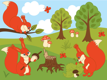 Woodland Squirrels Clipart Digital Vector Squirrel Mushroom Forest Clip Art