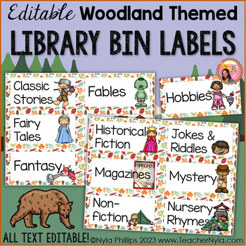 Preview of Woodland Themed Library Labels for Book Bins - Editable