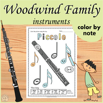 Preview of Woodwind Family Instruments Music Coloring by Note Worksheets