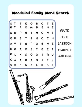 Woodwind Family Word Search, Easy - with answer key by Ervins Music Room