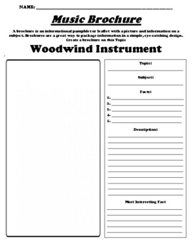 Preview of Woodwind Instrument "Informational Brochure" Worksheet & WebQuest