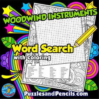 Preview of Woodwind Instruments Word Search Puzzle with Coloring | Music Wordsearch