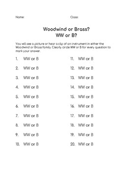 Preview of Woodwind vs. Brass Family Worksheet/Flashcards - Instruments of the Orchestra
