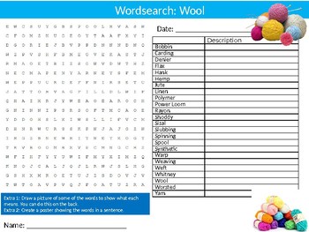 Wool Wordsearch Puzzle Sheet Keywords Animals Textiles Sheep by MIK
