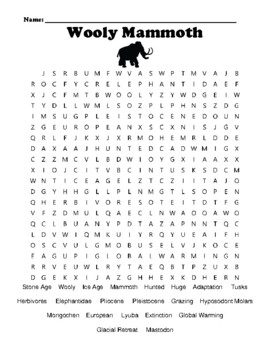 Preview of Wooly Mammoth Word Search