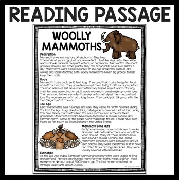 woolly mammoths reading comprehension worksheet