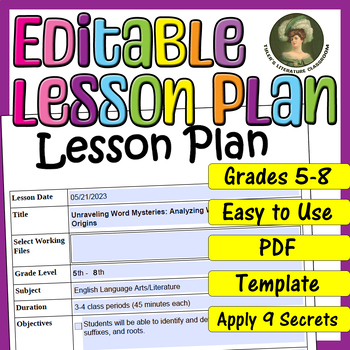 Preview of Word Analysis : Editable Lesson Plan for Middle School
