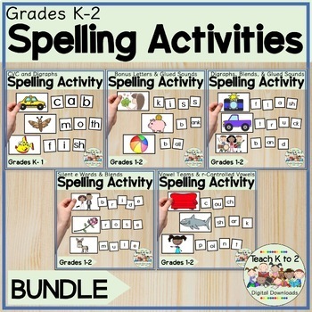 Grades K-2 Spelling Activities BUNDLE CVC, Digraphs, Glued Sounds ...