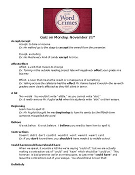 Preview of Word Crimes - Commonly Misspelled Words Grammar and Spelling Notes