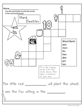 Word Families Crossword Puzzles by Coffee Tea ABCs TPT