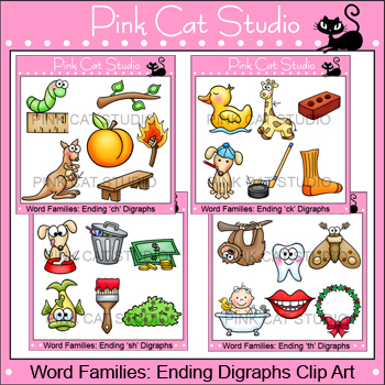 Preview of Ending Digraphs Clip Art - ch, ck, sh & th