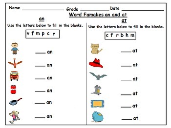 Word Families at and an Worksheets: by Kids' Learning Basket | TpT