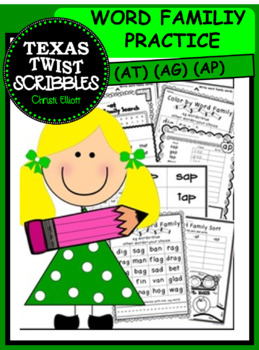 Preview of Word Work with Word Families  -AT   -AG   -AP {Texas Twist Scribbles}