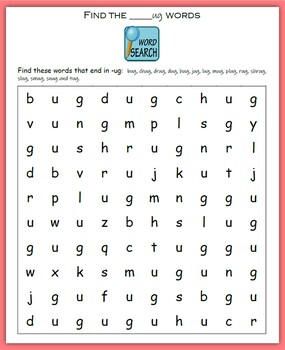 Word Families -ug words (Word Searches & Flashcards) by The Gifted Writer