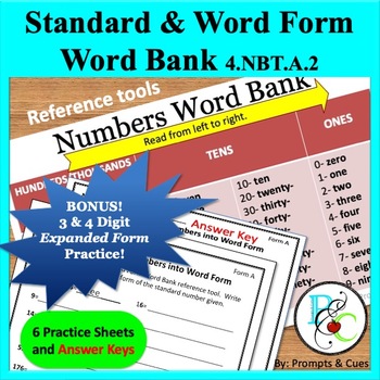 Preview of Standard & Word Form Word Bank with practice pages. 4.NBT.A.2
