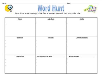 Preview of Word Hunt Grammar Center Graphic Organizer