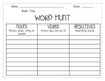 Word Hunt Freebie Noun Verb Adjective By Tpt