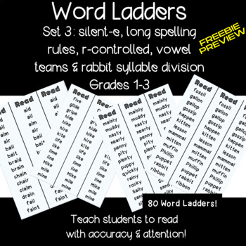 Preview of Word Ladders Set 3- silent-e, r-controlled, vowel teams, rabbit+ FREEBIE PREVIEW