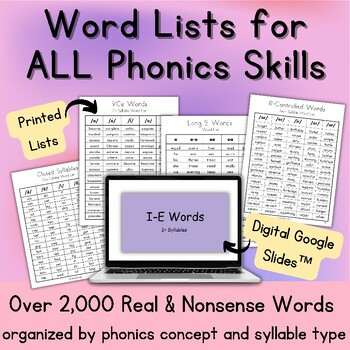 Preview of Ultimate Word Lists for ALL Phonics Skills + Google Slides™ (2000+ Words)