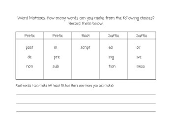 Preview of Word Matrixes for Building Words with Roots- script/scribe