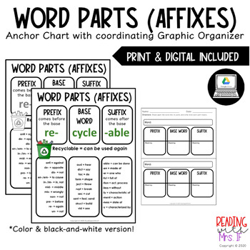 Preview of Word Parts (Affixes) Anchor Chart with Graphic Organizer (PRINT & DIGITAL)