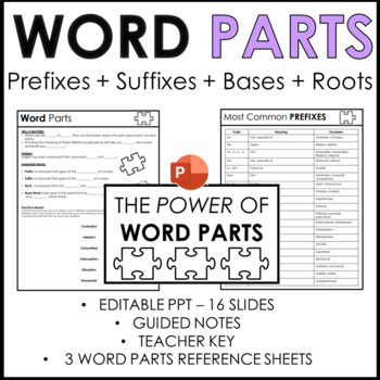 Preview of Word Parts - Vocabulary Mini-Lesson - Editable PPT, Guided Notes, References