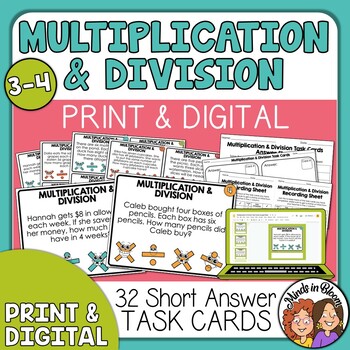 Preview of Math Word Problem Task Cards Multiplication & Division Story Problems Logic