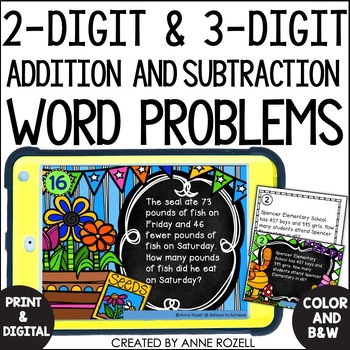 Preview of 2 Digit 3 Digit Addition and Subtraction Math Word Problem Task Cards