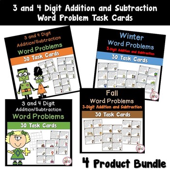 Word Problem Task Cards using 3 and 4 Digit Addition and Subtraction Bundle