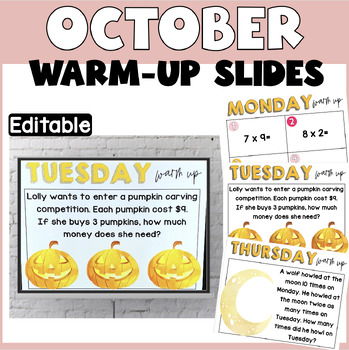 Preview of Math Warm Ups| Morning Work| Bell Ringers | Editable Slides| October