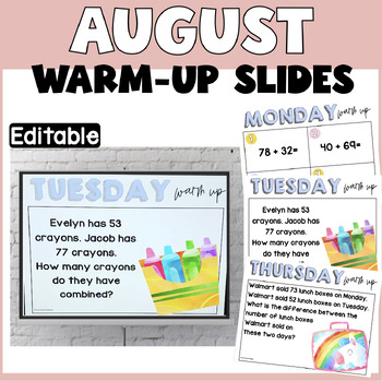 Preview of Third Grade Math Warm Ups| Morning Work| Bell Ringers | Editable Slides| August