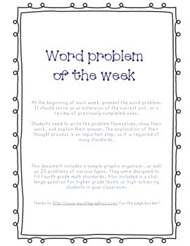 Preview of Word Problem of the Week- 25 problems with answer sheet