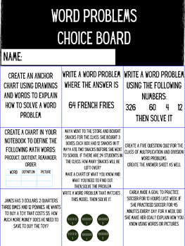 Preview of Word Problems Choice Board