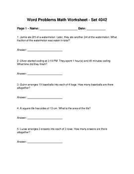Preview of Word Problems Math Worksheet / Math Practice For Kids