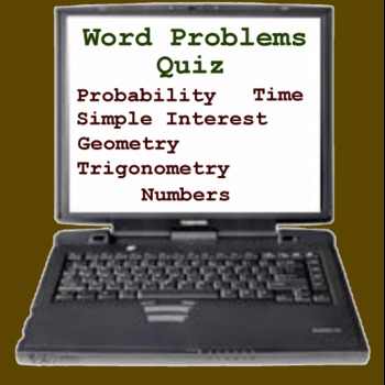 Preview of Word Problems Quiz - Math Probability, Geometry, Simple Interest, Time