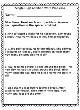 Preview of Word Problems- Single Digit Addition