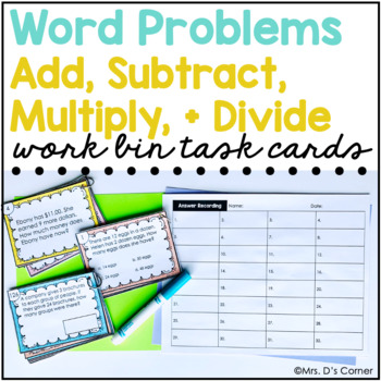 Preview of Word Problems Work Bin Task Cards | Centers for Special Ed