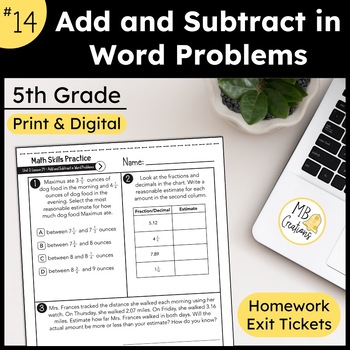 Preview of Word Problems: Add & Subtract Fractions Exit Tickets -iReady Math 5th Grade L14
