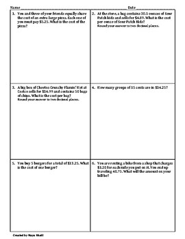 word problems for multiplying and dividing decimals worksheet by maya khalil
