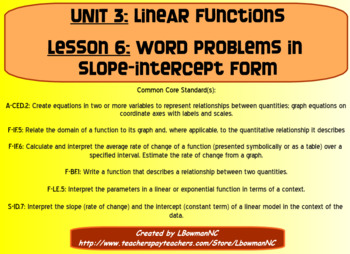 Preview of Word Problems in Slope-Intercept Form (Math 1)