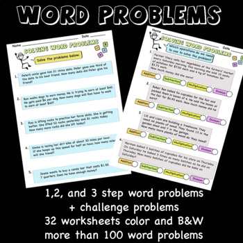 Preview of Word Problems, worksheets, 1,2,3, and more steps, all operations, challenge