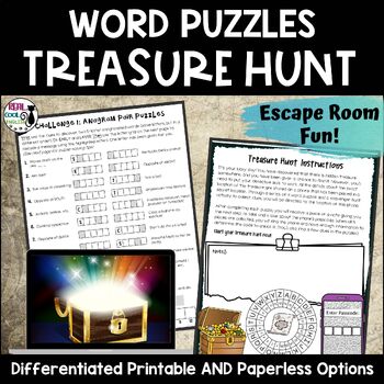 Preview of Word Puzzles Treasure Hunt Escape Room Game -  Printable and Digital Resources