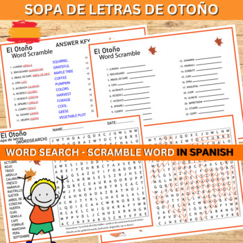 Preview of Word Puzzles in Spanish otoño Word Scramble - WordSearch