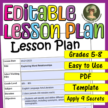 Preview of Word Relationships : Editable Lesson Plan for Middle School