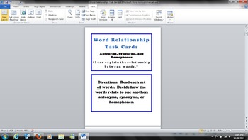 Preview of Word Relationships Task Cards - Antonyms, Synonyms, and Homophones