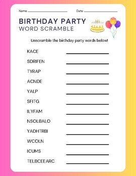 Preview of Word Scramble - Birthday Party and Holiday Theme