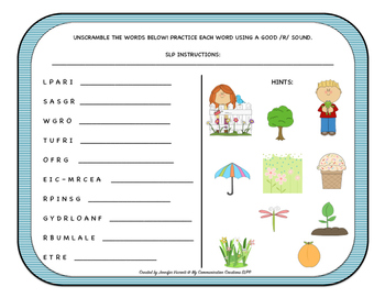 word scramble for r blends spring speech therapy worksheet slp