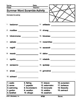 Word Scramble Printable Worksheet For Summer By Lesson Machine Tpt